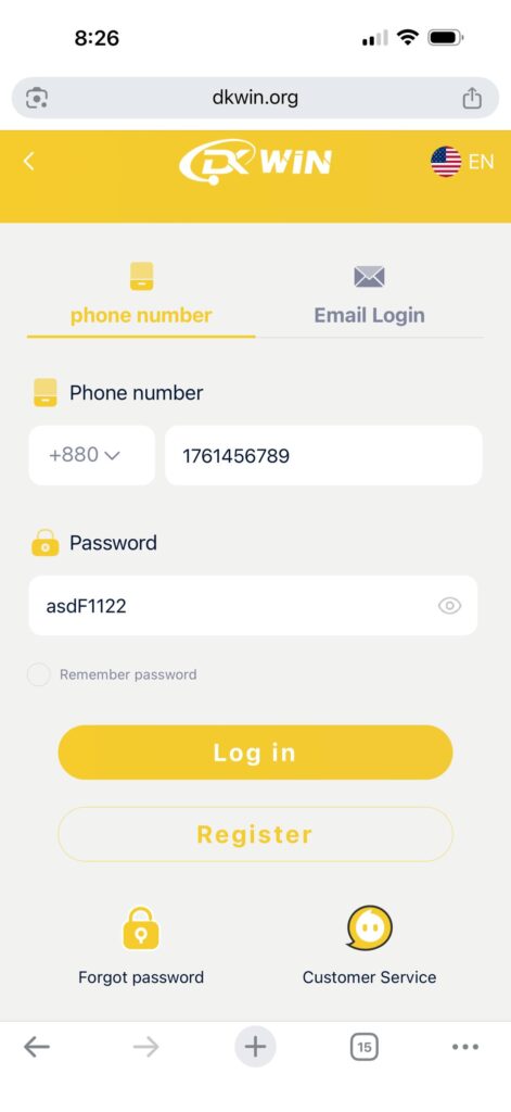 DK Win login page phone number and email login form