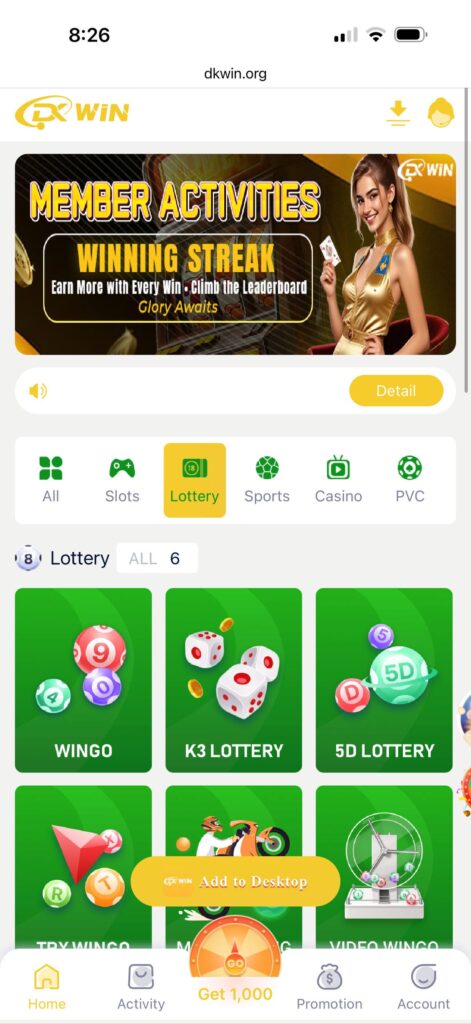 DK Win lottery dashboard Wingo K3 5D lottery games